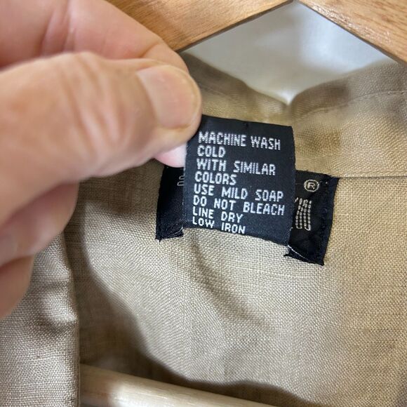 Vintage 90s Taxi Deep Tan Linen Roll Tab Sleeve Shaped Button Up Shirt Size L - Picture 7 of 13